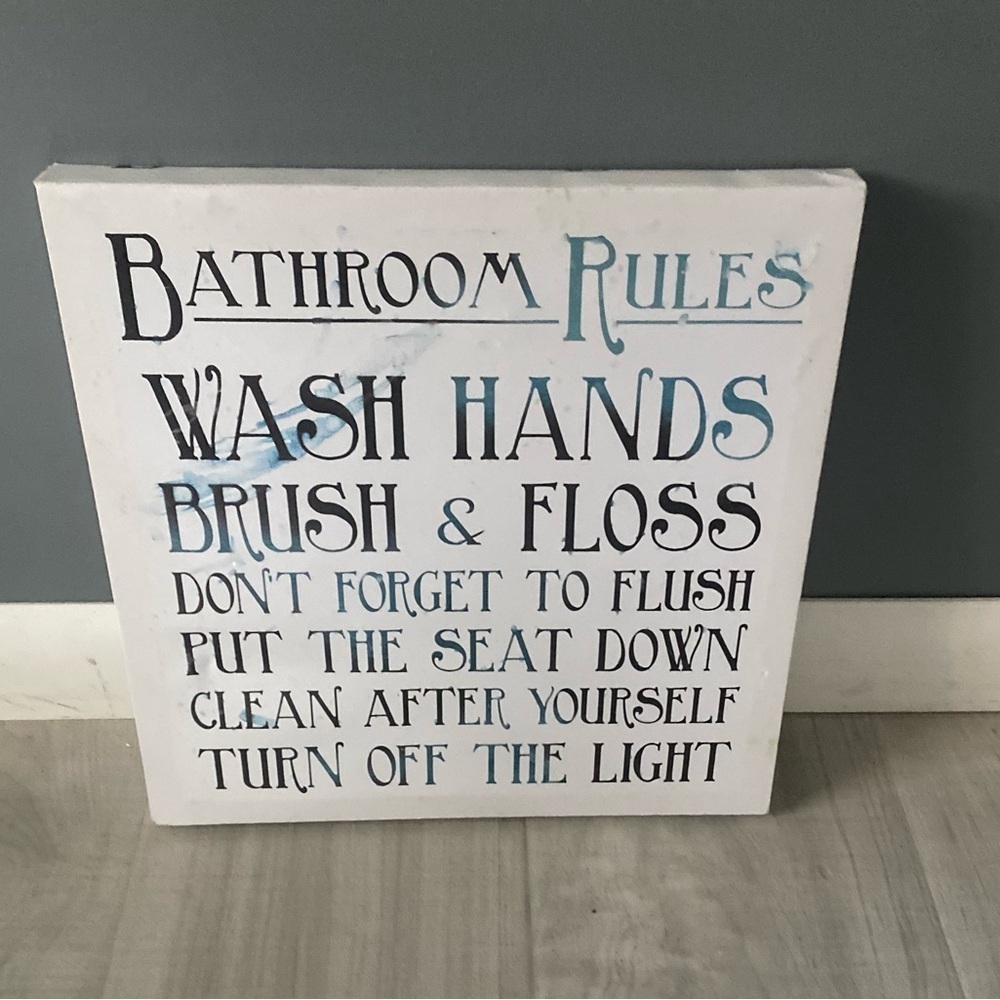 Bathroom Rules Decorative Sign - White and Black 12X12”